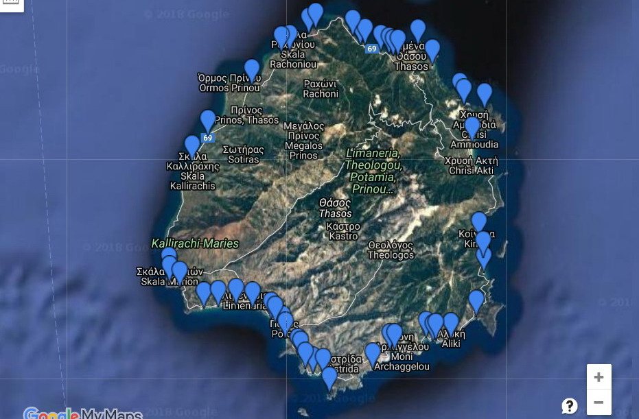Mapa plaža na Tasosu
